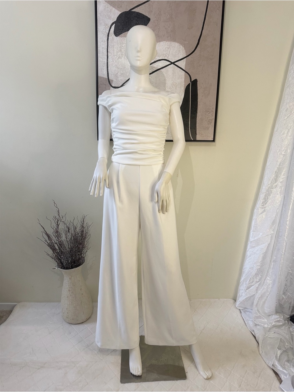 Abercrombie & Fitch White Ruched Off-Shoulder Wide-Leg Jumpsuit